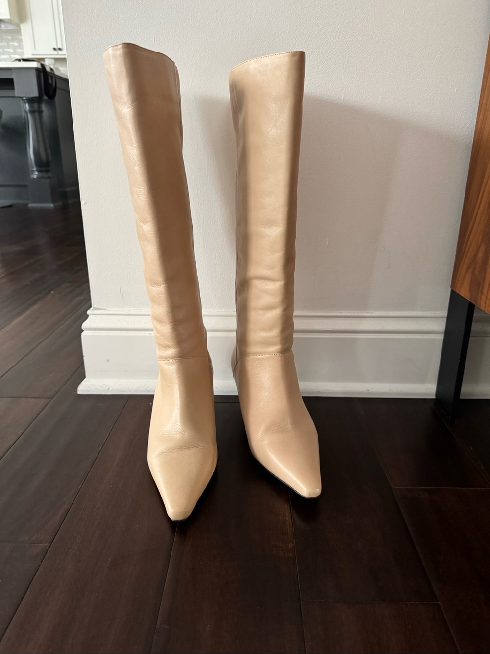 Anthropologies Tall Pointed-Toe Knee High Boots in Beige - Women's Fashion
